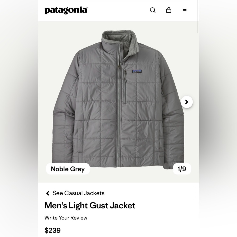 NWT Patagonia Men's Light Gust Puffer Jacket in Noble Grey - M